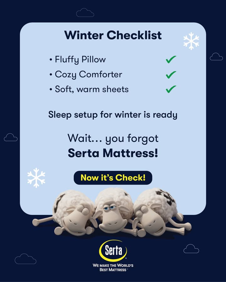 Our winter prep is done. What about you? 

#SleepChecklist #LuxuriousMattress #Mattress #Serta #SertaIndia #SertaMattress #SertaComfort #SleepWithSerta #SertaSheep #Winterchecklist